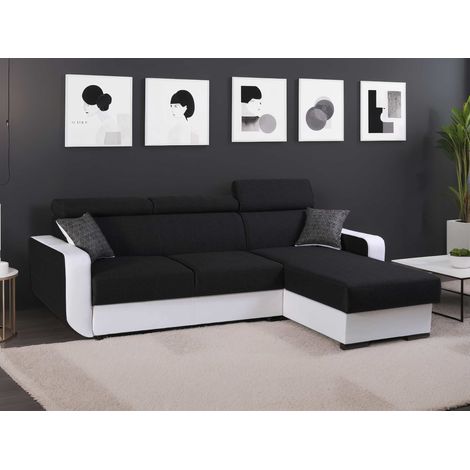 Dustin - ecksofa beidseitig montierbar - 4 sitzplätze - schlaffunktion und bettkasten - verstellbare kopfstützen - weiß / schwarz