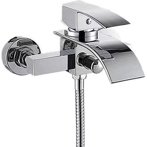 Waterfall bath and shower faucet, single-lever brass mixer with pressure switch for bath and shower, easy-to-install bath mixer, silver (1/4)
