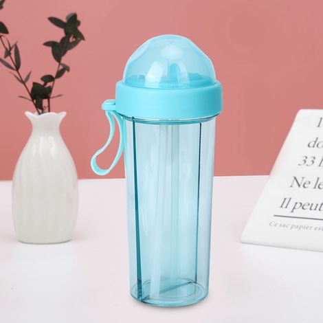 Gourde 600ml amovible rando extérieure sport double pailles bi-boisson en PC PP silicone bleue avec 1 gourde 2 pailles 1 poignée (1/5)