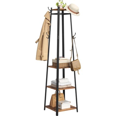 Porte-manteau sur Pieds, Vestiaire Entrée, avec 8 Doubles Crochets, 4 Étagères, Tringles, Cadre en Métal, pour Manteaux, Sacs, pour Entrée, Chambre, Marron Rustique et Noir LCR80X (1/5)