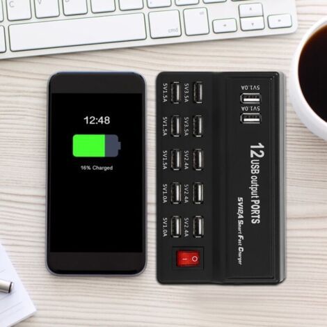 Station de charge rapide USB universelle à 12 ports, 100-240 V, avec câble, permettant de charger plusieurs appareils simultanément. (1/3)