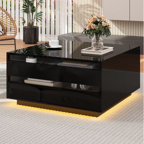 Mesa de centro 70x70x38 cm negra en tablero de partículas y acrílico con LED, tapa elevable y almacenaje (1/5)