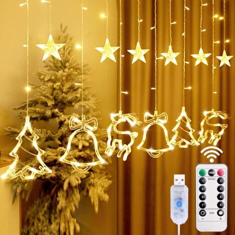 Rideau lumineux de Noël, guirlande lumineuse de Noël, renne, arbre étoilé, intérieur et extérieur, 8 modes USB, décoration de Noël (1/5)