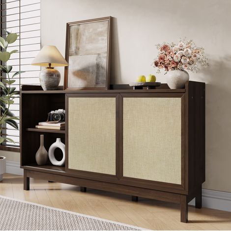 REDOM - Buffet 150x39.5x80 cm, portes coulissantes, double tiroir, étagères réglables, panneau de particules naturel (1/5)