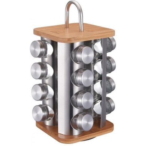 Porte-épices - 16 Récipients En Verre - Support Rotatif En Bambou - 360° - Poignée Acier - Lot De 1