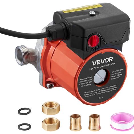 VEVOR Pompa di Ricircolo dellAcqua Calda, Kit Pompa di Ricircolo Istantanea da 38 L/min, con Timer, 100 W CA 220-240 V, Connettore da G3/4 a G1/2, Controllo a 3 Velocita Testa in Acciaio Inox