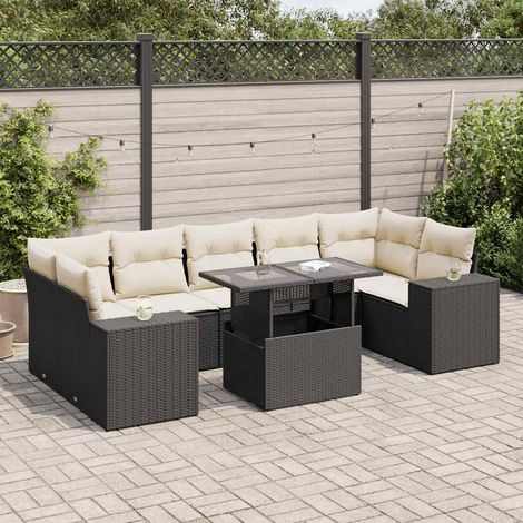 Set de sofás de jardín y cojines 8 piezas ratán sintético negro
