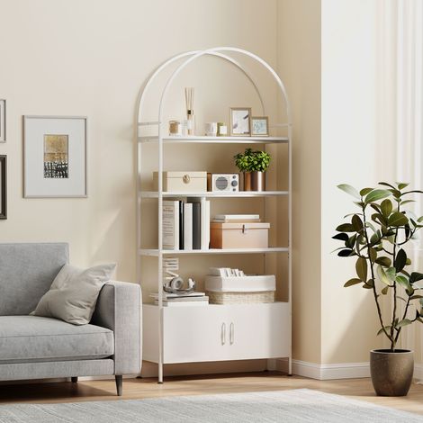 Étagère de rangement bibliothèque cintrée 4 étagères avec armoire à deux portes 80x30x187 cm blanche (1/5)