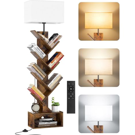 Petite Bibliothèque Arbre en bois sur Pied avec Éclairage, Étagère à 6 Niveaux avec Télécommande et Minuteur, Meuble d’Angle pour Livres, CD et DVD, pour Salon, Chambre, Bureau(Rustic Brown) (1/5)