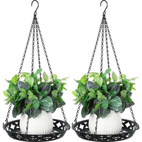 Support suspendu pour plantes en deux parties avec jardinières suspendues en métal de 30 cm, adapté à la décoration intérieure et extérieure, élégant panier suspendu décoratif noir brillant. (1/5)