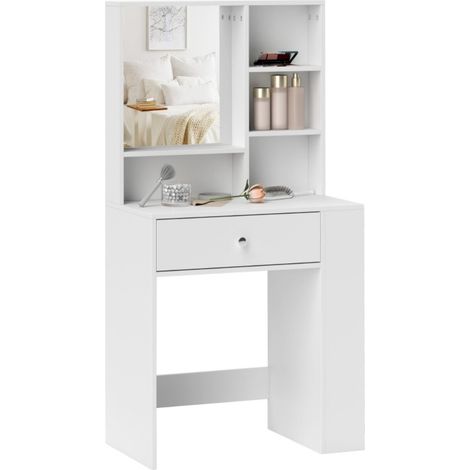 Coiffeuse blanche avec miroir, tiroir et étagère latérale 3 niveaux, panneaux de particules, design fonctionnel pour dressing et chambre (1/5)