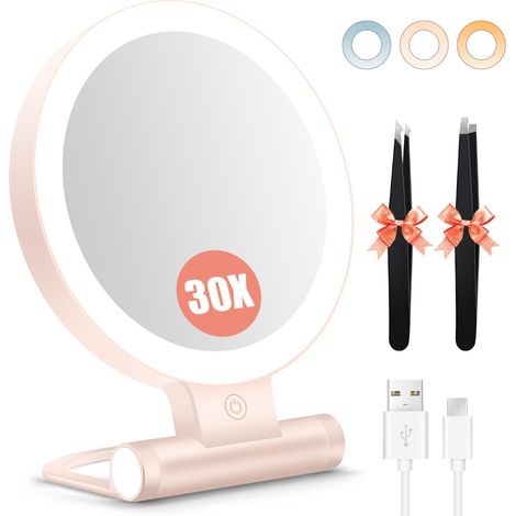 Miroir de maquillage avec éclairage, miroir grossissant double face 1X/30X avec lumière, 2000 mAh, 3 modes d'éclairage de couleur, luminosité réglable, pliable et compact, taille de voyage (1/5)