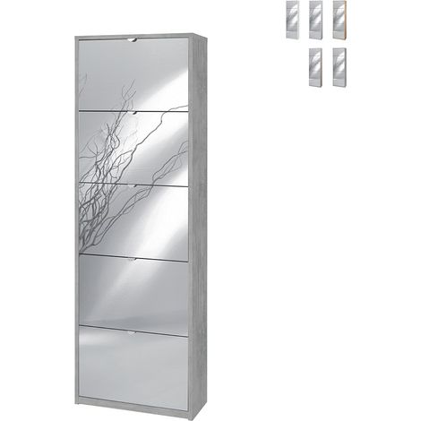 Platzsparender schmaler Schuhschrank mit fünf Spiegeltüren Beton Cemento 63x29x h190 cm (1/5)