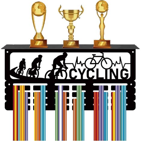 CREATCABIN Porte-Médailles Cyclisme avec Étagère,Support Sport,Cadre Mural,Crochet en Fer,Support Médaille pour Accrocher des Médailles,Récompenses,Athlète Marathon Vélo,Médaillé 40x20x10cm (1/5)
