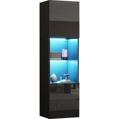 Vitrine mit 2 Türen, 2 Fächern und Glasboden, LED, für Wohnzimmer aus Spanplatte 45 × 35 × 160 cm Schwarz (1/5)