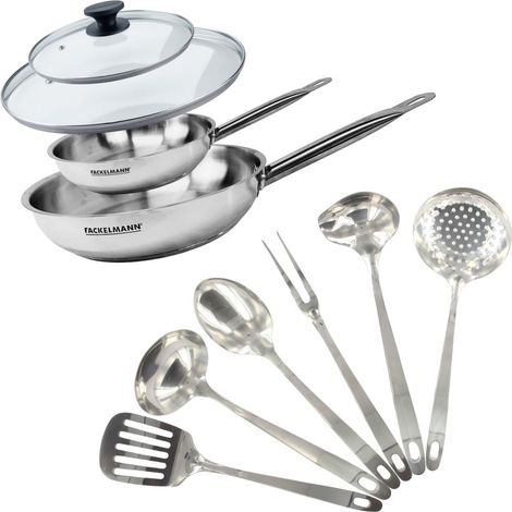 Set de 2 poêles 20 et 28 cm en inox, 2 couvercles verre et 6 ustensiles inox Fackelmann Eterna (1/5)