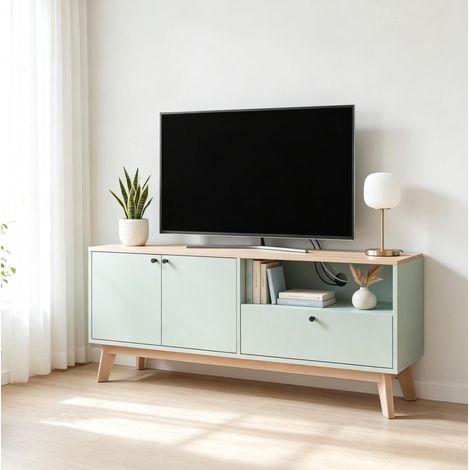 Mueble de TV bajo verde claro de 120x35x50 cm con almacenamiento, estante ajustable y orificio para cables (1/5)