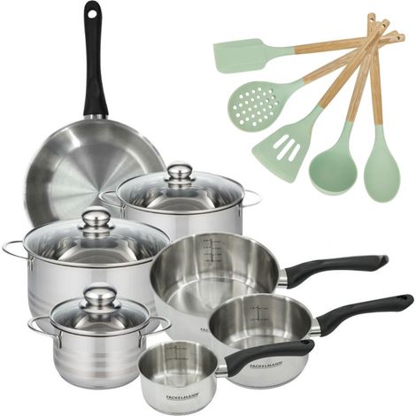 Lot de 3 Faitouts 16/20/24 cm et 3 Casseroles 12/16/20 cm Fackelmann Geneva avec Poêle 24cm et 5 ustensiles Océan (1/5)