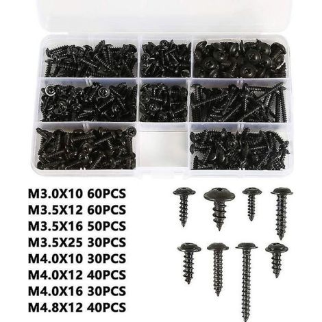 Vis à tôle noire auto-fonctionnelle 340 pièces, vis en acier au carbone auto-inoxydable, vis à tête plate, tête cruciforme pour (1/4)