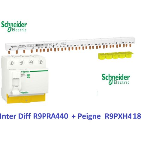 Interrupteur différentiel Resi9 4P 40A 30ma - A + Peigne 3P+N-18 M - Schneider R9PRA440 + R9PXH418