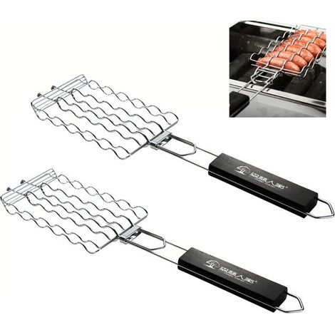 2 pièces pour griller, grille à saucisses en métal pour barbecue, grille à saucisses, filet pour 6 hot-dogs, accessoires de barbecue (1/5)
