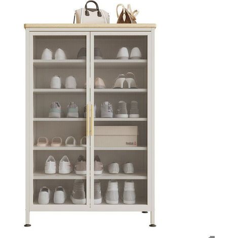 Armadio per scarpe metallico bianco crema - Porte in vetro ondulato - Ripiani modulari - Ingresso vestibolo (1/5)