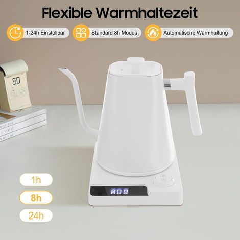 Schwanenhals Wasserkocher Elektrischer Teekocher, 1L Teekessel mit Temperatureinstellung 40-100°C & Warmhaltefunktion, Gooseneck Kettle Kaffee Wasserkocher für Kaffee und Tee, Weiß (1/5)