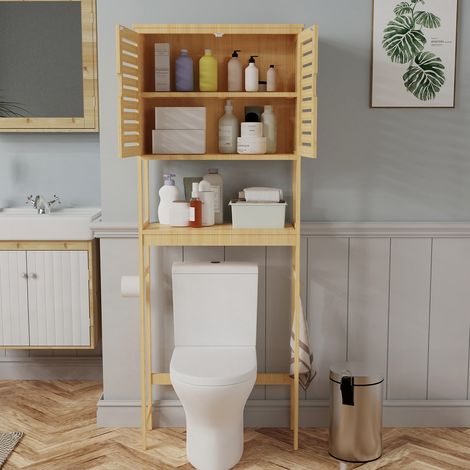 Bamboo Over-The-Toilet Storage Cabinet Bathroom Organizer with Shelf and Cupboard (1/5)