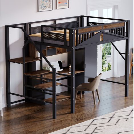 Lit mezzanine en métal 140 x 200 cm, escalier latéral, rangement, noir, REDOM (1/5)