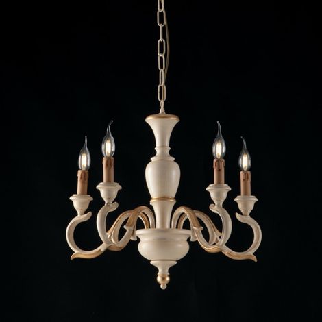 Lámpara de araña de cinco luces de madera de marfil y pan de oro 50x h50 cm