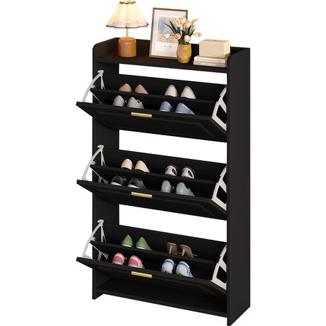 Mueble zapatero con 3 puertas abatibles, 6 compartimentos y cajón, para entrada, en MDF y tablero, 70×24×120 cm (1/5)