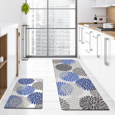 New style kitchen long strip mat, non-slip, oil-proof, stain-resistant, and easy to clean suitable for entryways, front doors, and bathrooms - Floral Blue - 40601.0cm