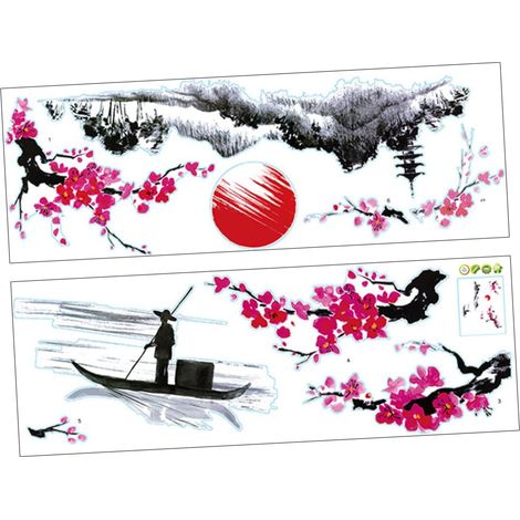 Autocollants Muraux Style Chinois Paysage et Fleurs de Prunier Lot 2 Pièces 25x70 Cm Facile à Décoller sans Résidu Couleurs Vives Résistantes pour Décoration Chambre Salon Maison (1/5)