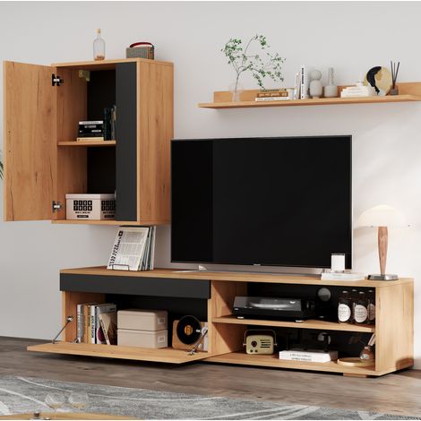 Set mobili TV 140x35x39 cm rovere e nero in truciolato con pensile e mensola da parete (1/5)