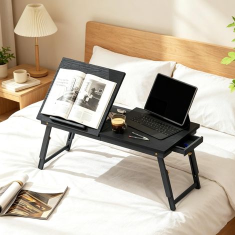 Table de lit pour ordinateur pliable et réglable, plateau inclinable 5 positions, hauteur 23,5 à 34 cm, tiroir, charge 12 kg, bambou et MDF noir – CHICFURN (1/5)