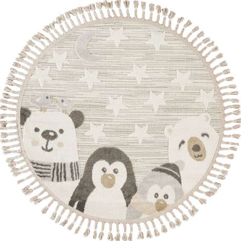 ZOOLIA - Tapis enfant rond doux motif animaux polaires blanc 130x130