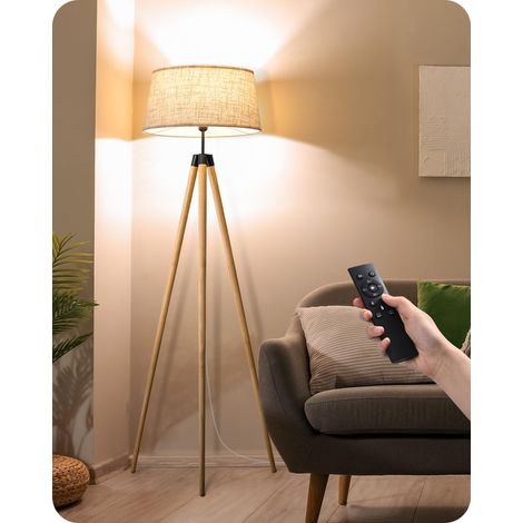 Lampadaire Salon, Trépied en Bois, LED Dimmable, Boho Abat-Jour en Lin, Douille E27, LED 9 W avec Télécommande Incluse, pour Chambre, Chambre d'Enfant ou Couloir, 154 cm (1/5)