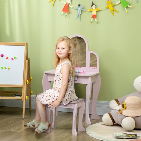 Coiffeuse Enfants Miroir Tabouret Table Maquillage Filles Tiroir Article Enfant 3 à 6 ans Rose