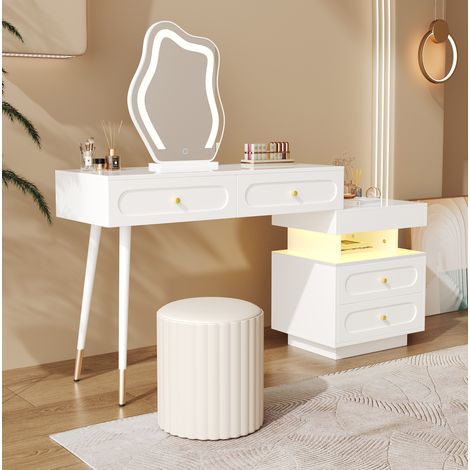 Coiffeuse 140x40x130 cm blanche en panneaux de particules avec miroir LED, 4 tiroirs et rangement modulable (1/5)