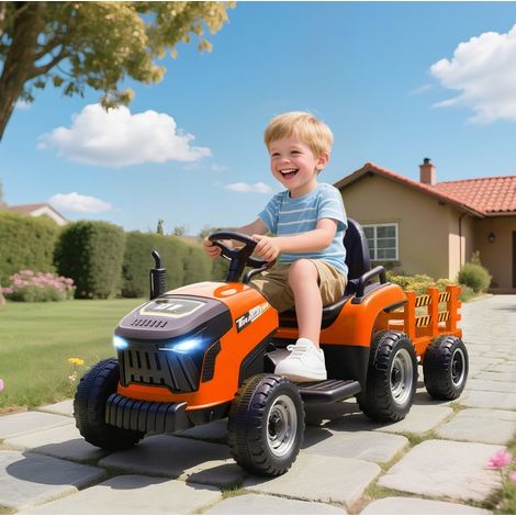 Tracteur électrique enfant 139x58x55 cm en plastique orange, avec remorque, pour jardin FloraGrace (1/5)