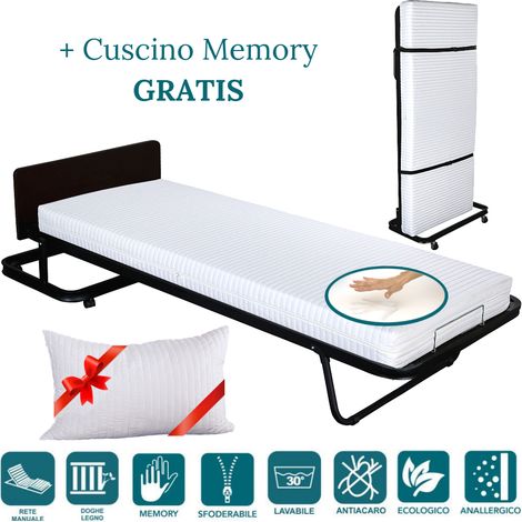 EVERGREENWEB - Letto Verticale a Scomparsa con Materasso MEMORY FOAM 80x190 Alto 12 cm + Cuscino GRATIS Rivestimento Sfoderabile Rete Singola a Doghe Legno Ortopedica, Brandina Pieghevole Salvaspazio (1/5)