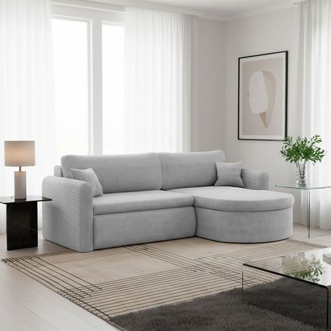 Ecksofa Schlafsofa FELIZ Stoff Poso Hellgrau Ottomane Rechts