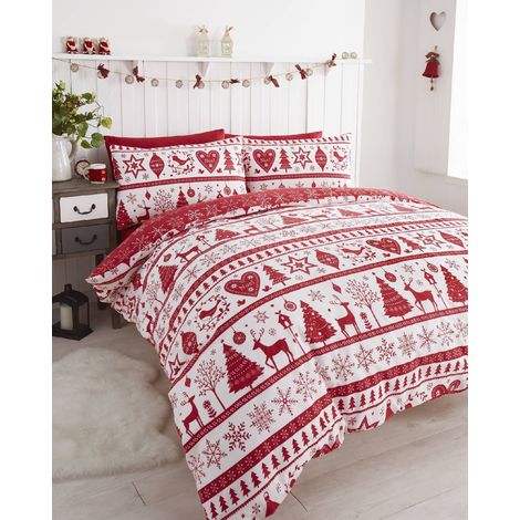 Parure de lit avec Housse de Couette 2 taies d'oreiller Parure de lit Motif Arbres de Noël, Rouge, Super-King