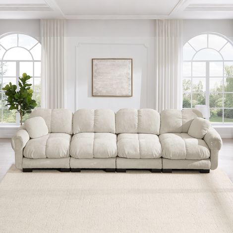 CHICFURN Divano angolare modulare 330x149x90 cm in ciniglia beige chiaro, 4 posti, pouf mobile (1/5)