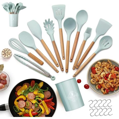 22 Küchenhelfer aus Silikon mit Holzgriffen – Antihaftbeschichtung, hitzebeständig, mit 10 Haken und Utensilienhaltern, Spateln und Schöpfkellen, leicht zu reinigendes Küchenzubehör (Grün) (1/5)