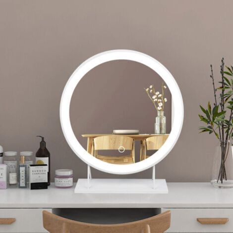 Miroir grossissant, Grand miroir de maquillage illuminé avec miroir de courtoisie à LED illuminé, miroir à LED à intensité variable, miroir rond rotatif, miroir de beauté à LED de bureau, Bl