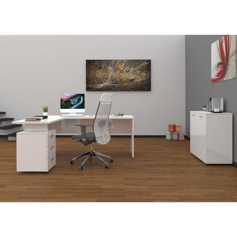 Bureau d'angle moderne blanc laqué brillant Sévina (1/4)