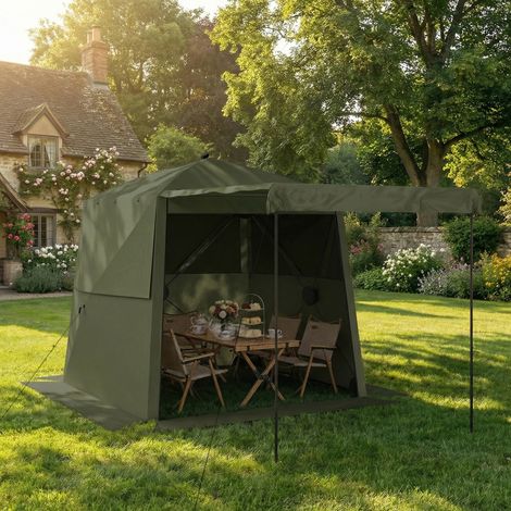 Pabellón plegable emergente de 2x2 m, impermeable, estable y resistente al invierno, con 4 paneles laterales, ventanas de malla, puerta frontal y protección UV 30+.