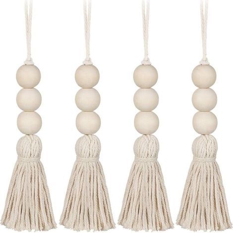 4Pcs Tassel Wooden Beads Farmhouse Beads Tassels Natural Prayer Beads Cotton Line Decorative Wall Hanging Pom Pom Bead Pendant for Closet Wardrobe Porch (1/5)
