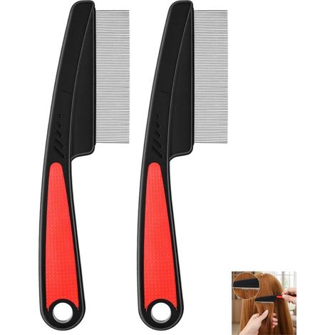2 piezas, Peine anticaspa, Peine metálico de dientes finos, con mango de goma antideslizante, garrapatas, piojos y liendres, 18 cm, negro + rojo (1/5)